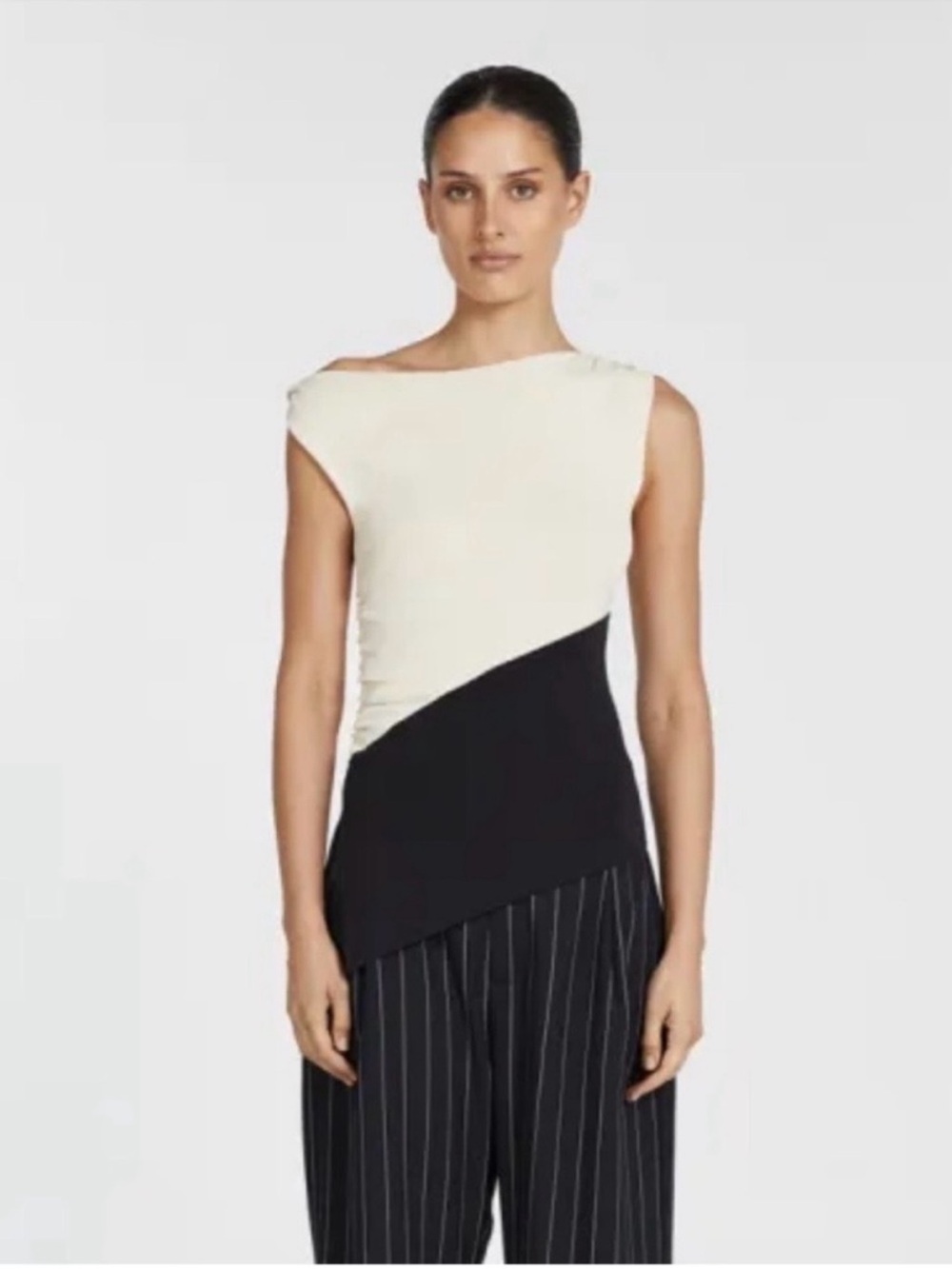 Dissh poppy Two-Tone cream Black Sleeveless Top cowl neck asymmetrical longline